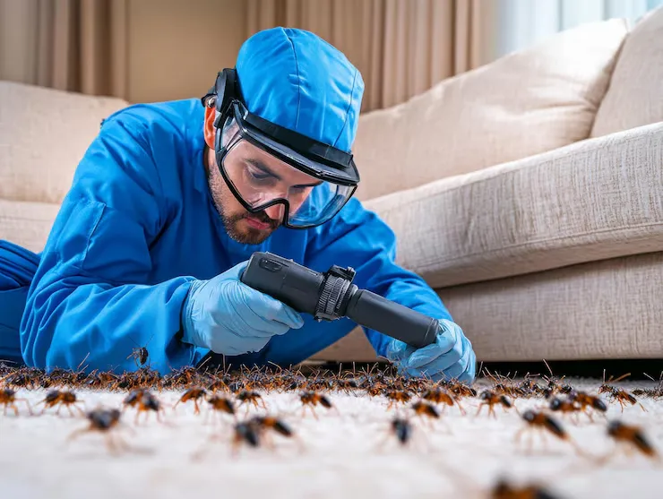 Licensed pest control technician treating commercial facility in Yuma Arizona
